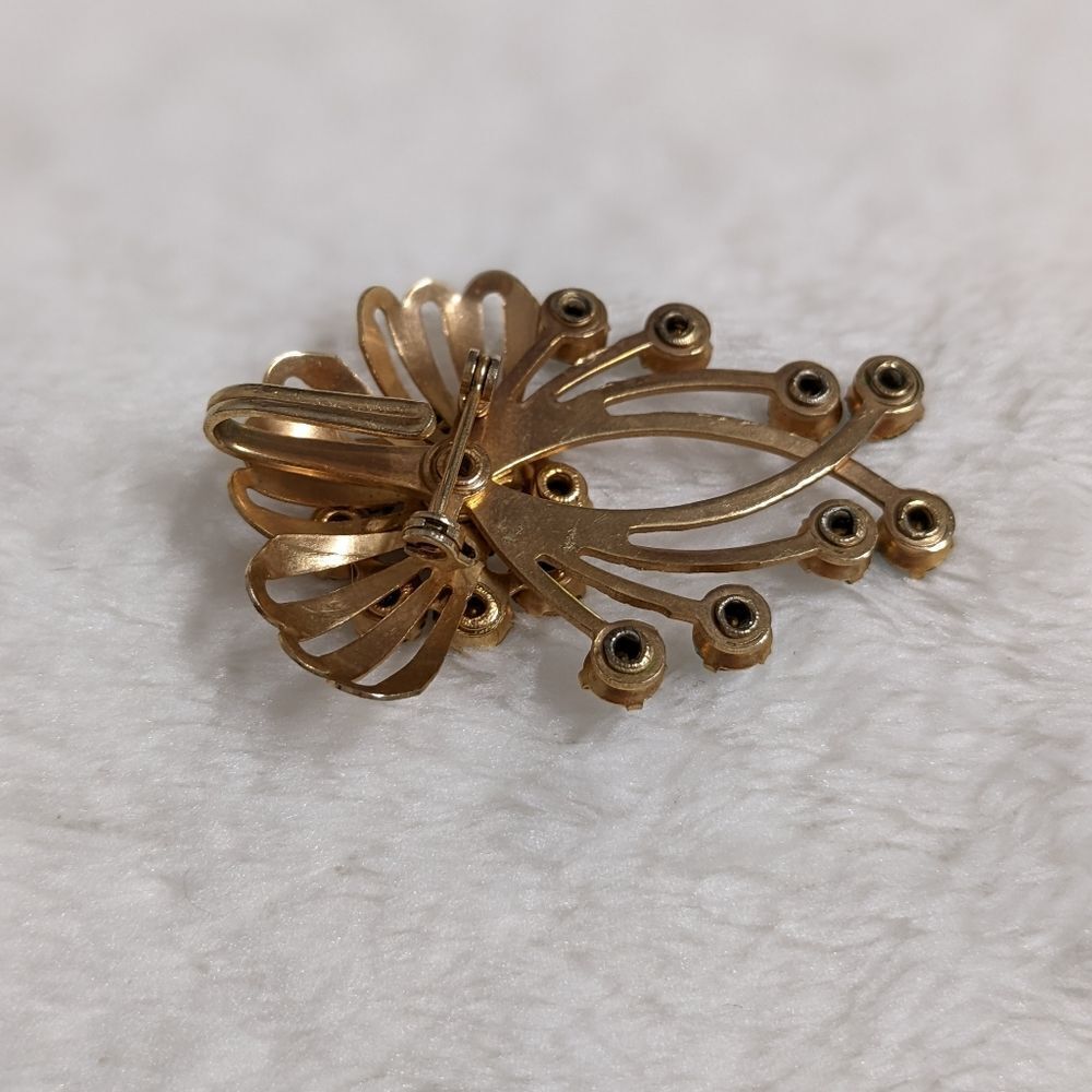 Vintage 50's Teal Blue & Clear Rhinestone Floral Spray Brooche - Picture 9 of 10